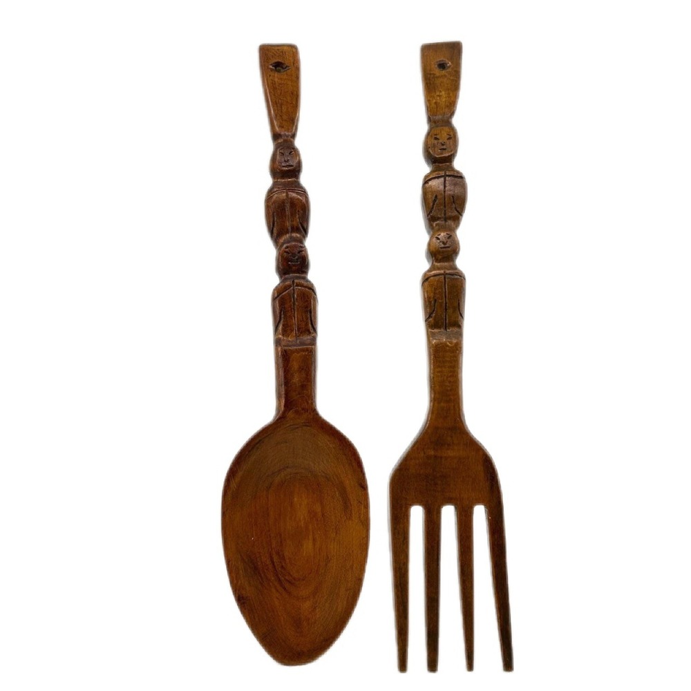 Vintage Fork Spoon Giant Tiki Teakwood 70s Kitchen Decor Kitschy Whimsical Art